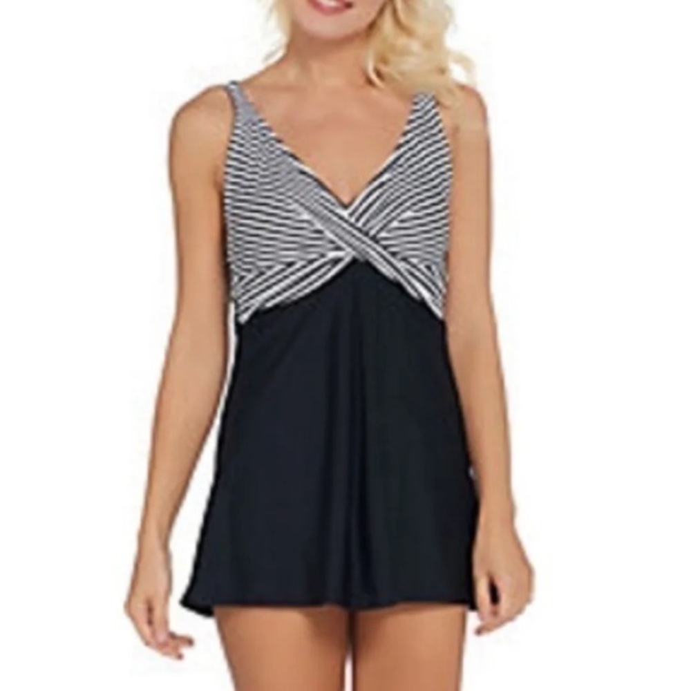 Isaac Mizrahi swim dress one piece black white stripe 10